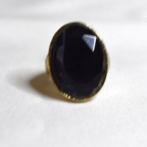 Bewitching Deep Blue Beveled Oval Stone Wide Gold Tone Band Size 12 Unisex Ring